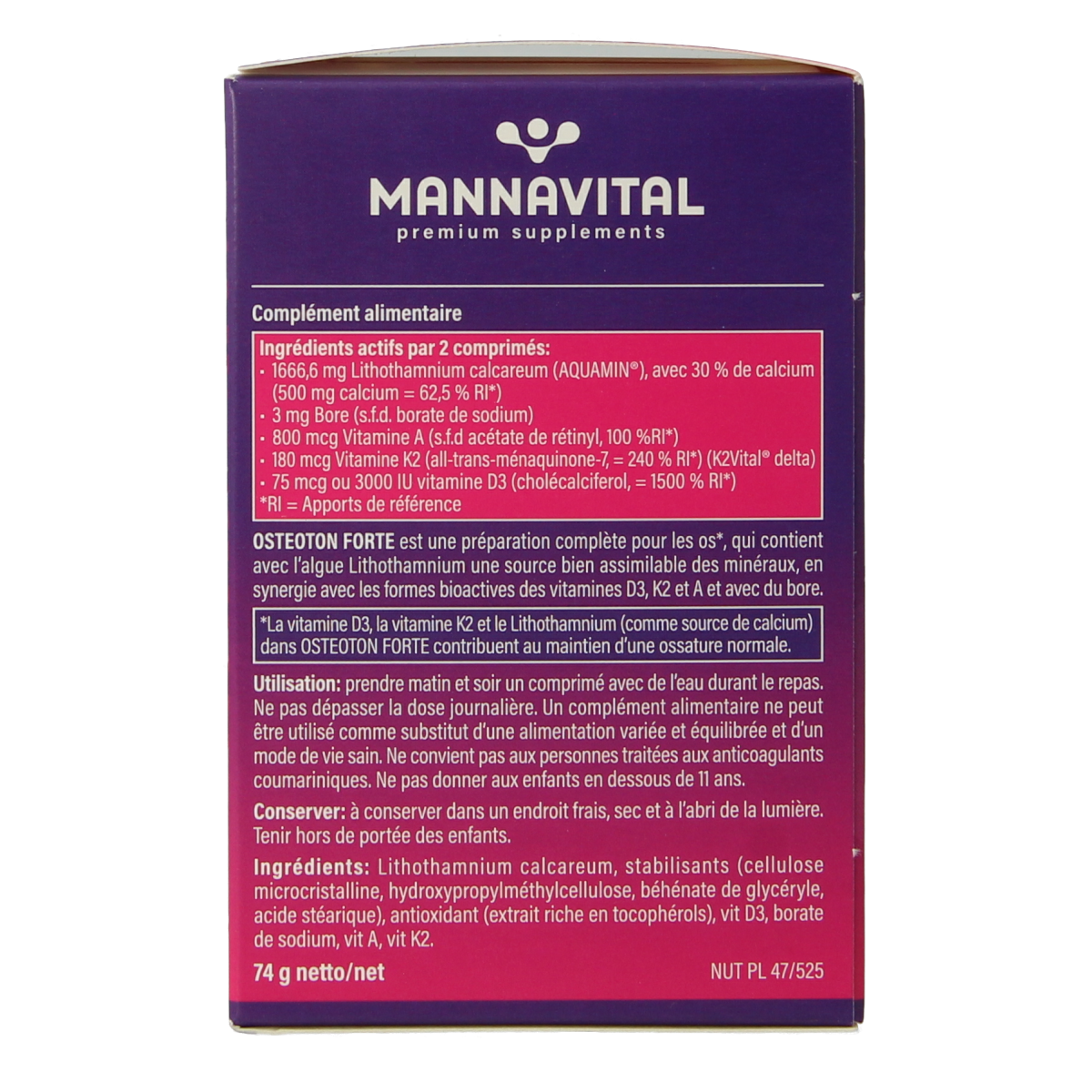 Mannavital Osteoton Forte mineral supplement tablets, 60-count, showing the bottle and tablets inside.