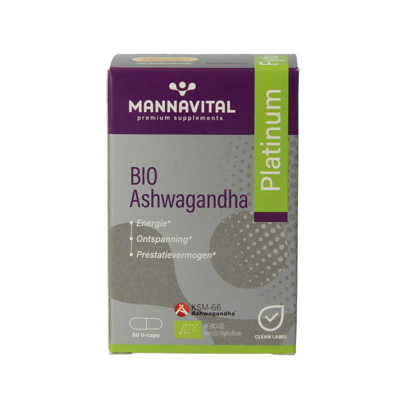 Mannavital Ashwagandha Platinum bio vegetarian capsules, herbal supplement in a bottle showing 60 capsules