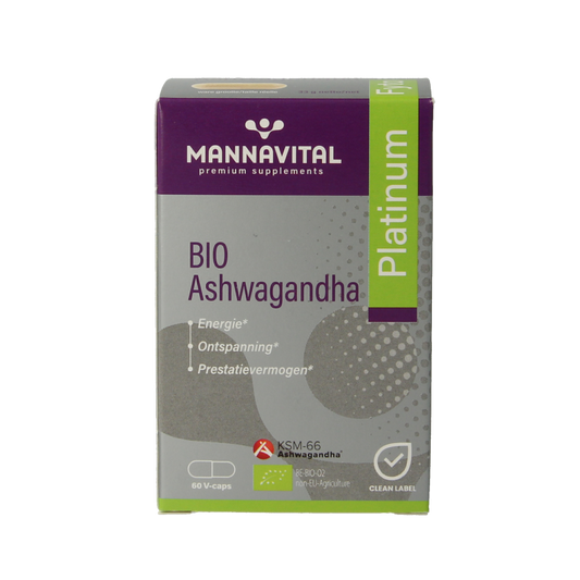 Mannavital Ashwagandha Platinum bio vegetarian capsules, herbal supplement in a bottle showing 60 capsules