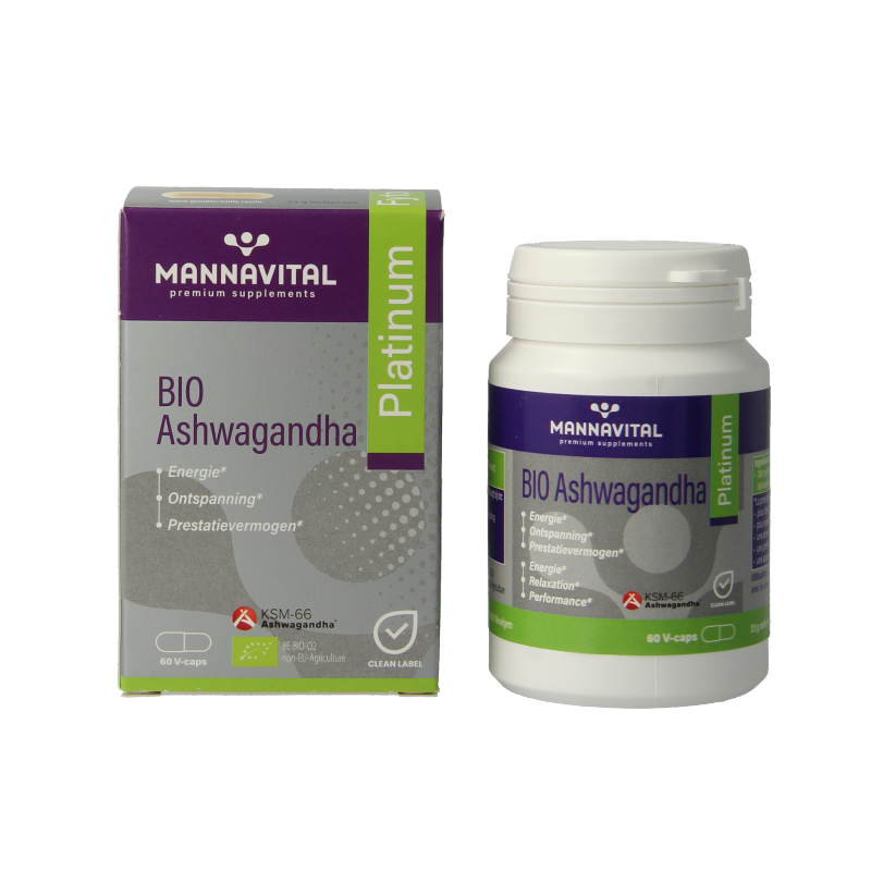 Mannavital Ashwagandha Platinum bio vegetarian capsules, herbal supplement in 60 capsules, natural adaptogen for wellness.