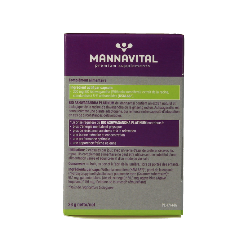 Mannavital Ashwagandha Platinum bio vegetarian capsules, herbal supplement in a white bottle with green label.