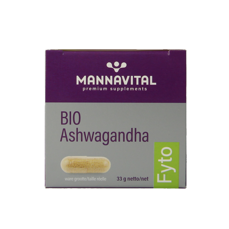 Mannavital Ashwagandha Platinum bio herbal capsules, vegetarian supplement in a clear bottle, showcasing the product packaging.