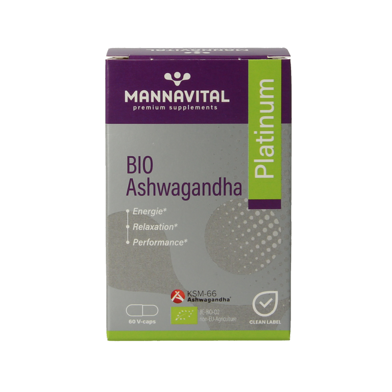 Mannavital Ashwagandha Platinum bio vegetarian capsules, herbal supplement in a white bottle with green label.