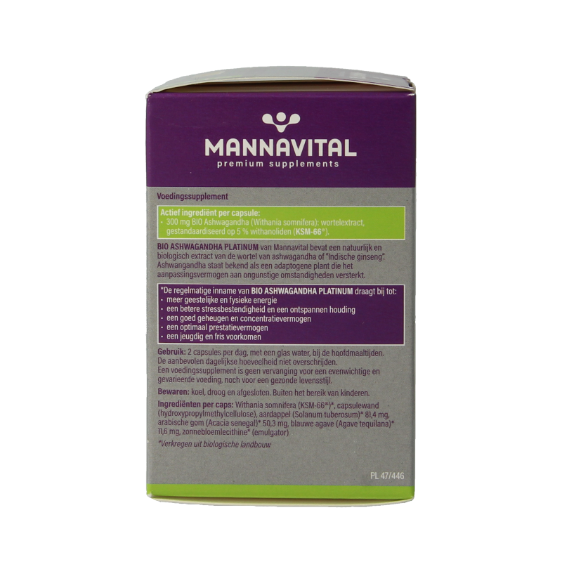 Mannavital Ashwagandha Platinum bio vegetarian capsules, herbal supplement in a clear container with capsules visible inside.