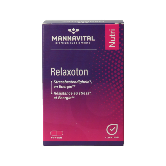 Mannavital Relaxoton herbal supplement box with 60 tablets, featuring natural ingredients for relaxation and well-being.