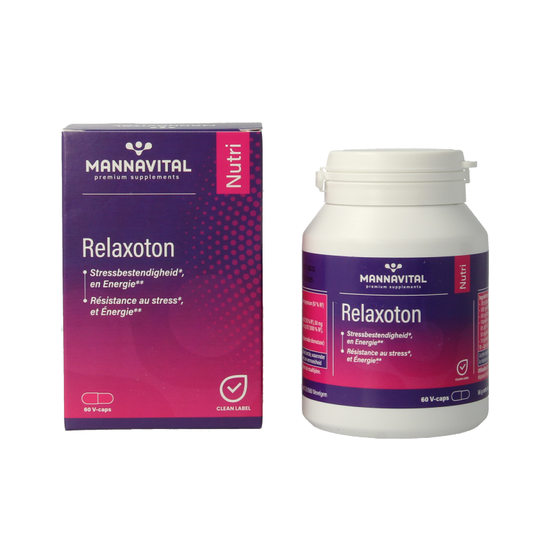 Mannavital Relaxoton herbal supplement tablets in a blister pack, natural ingredients, for relaxation and stress relief.