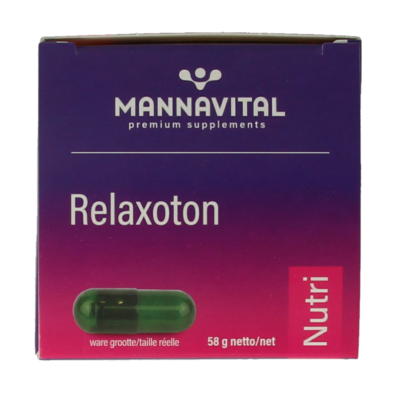 Mannavital Relaxoton herbal supplement 60 tablets in a white bottle with label showing product details and natural ingredients.