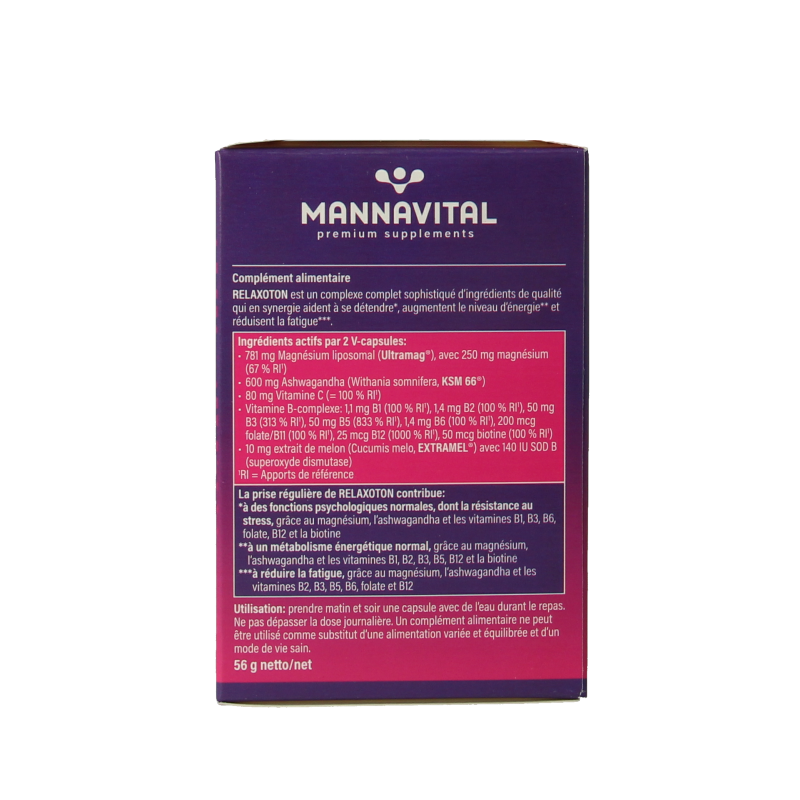 Mannavital Relaxoton herbal supplement box with 60 tablets, featuring natural ingredients and product branding.