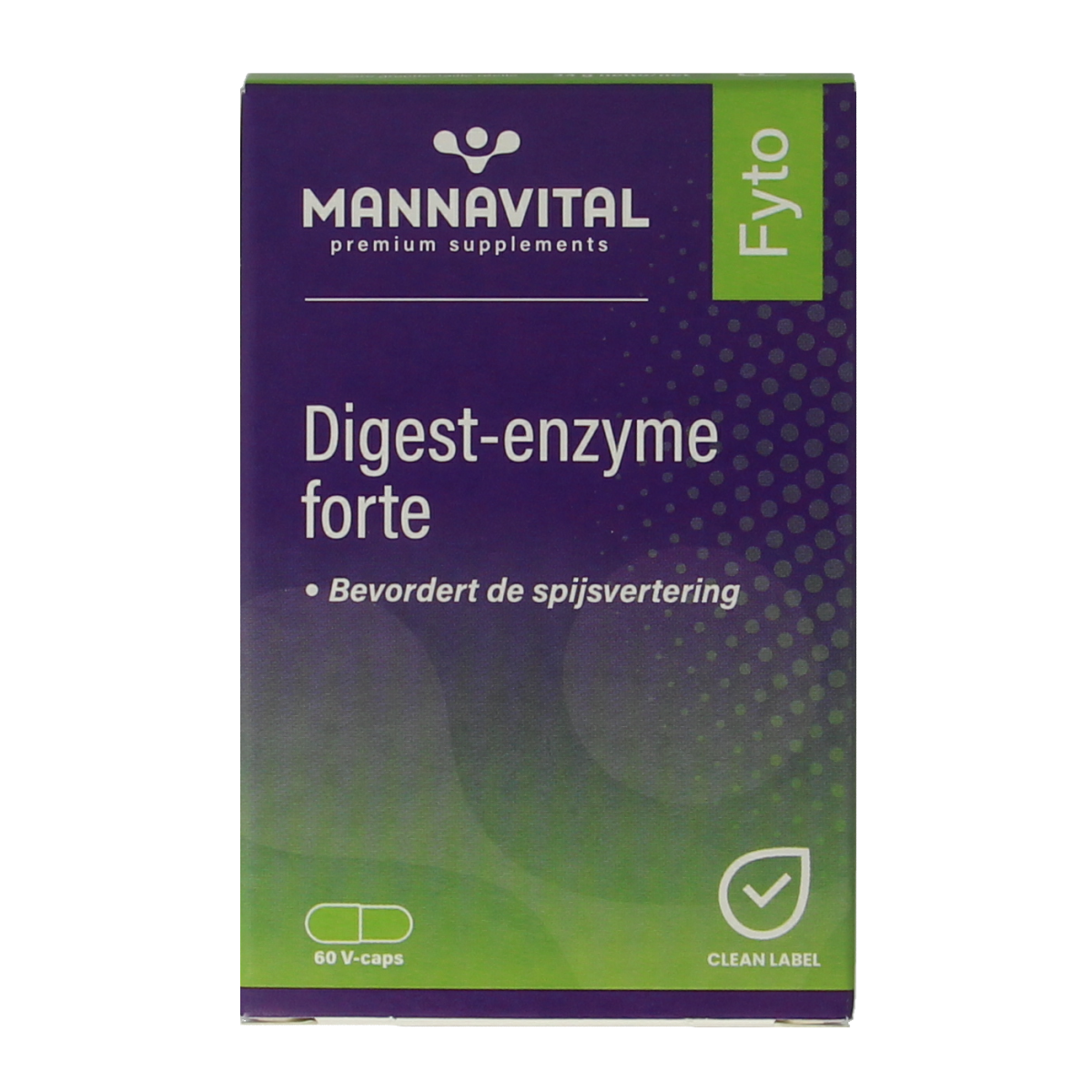 Mannavital Digest Enzyme Forte vegetarian capsules, with fibers and enzymes for digestive support, shown in clear container.