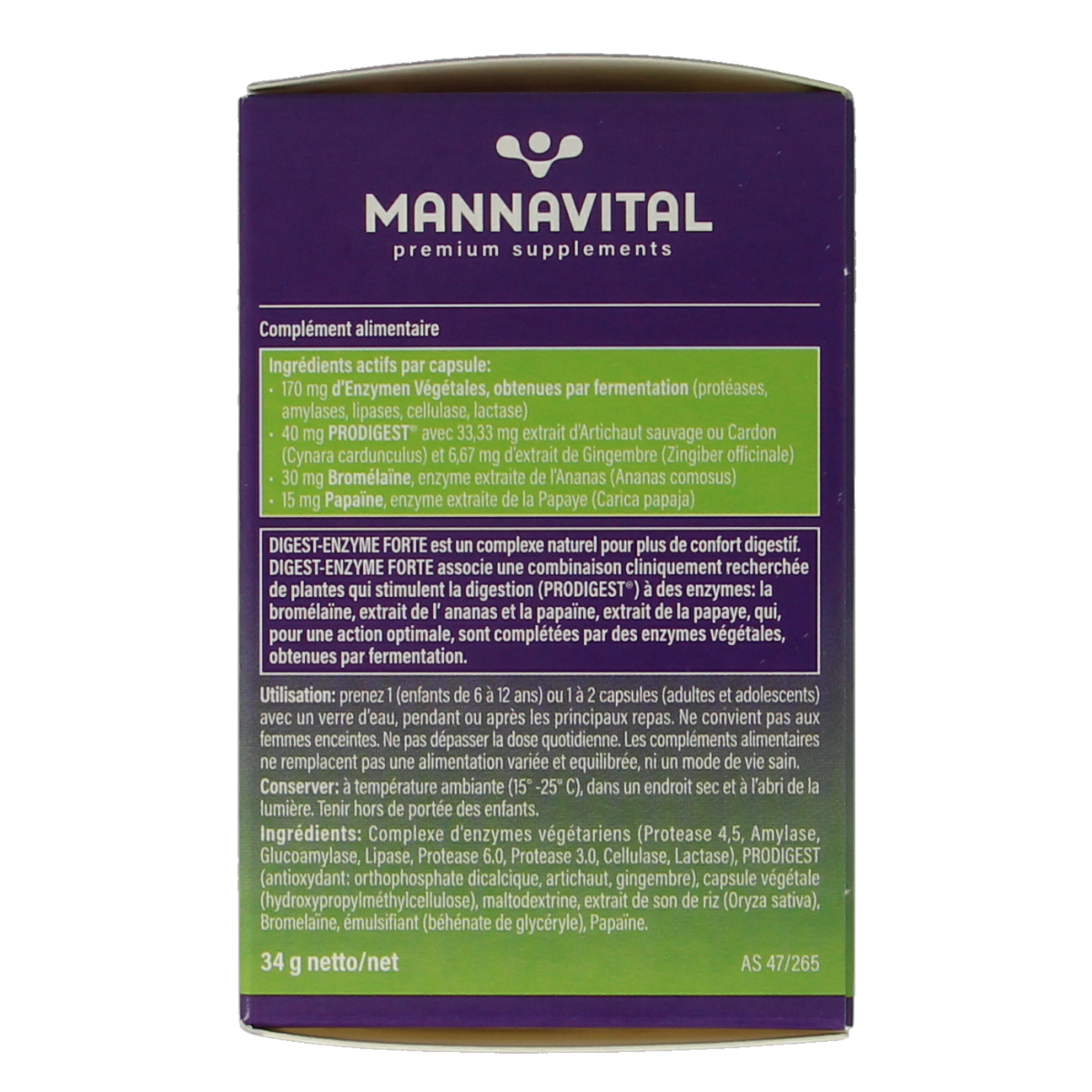 Vegetarian Mannavital Digest Enzyme Forte capsules in a bottle, dietary supplement for digestion support.