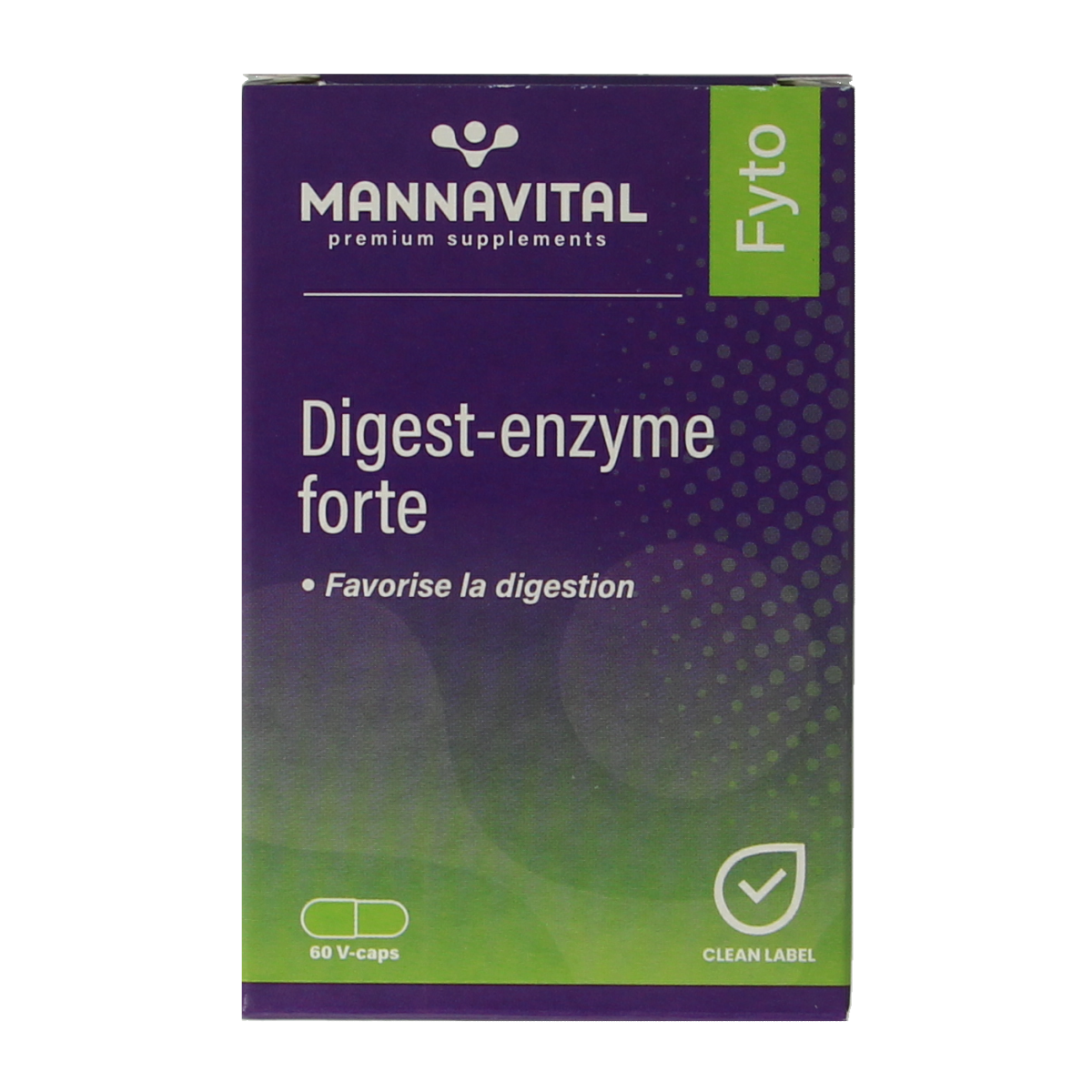 Mannavital Digest Enzyme Forte vegetarian capsules in a bottle, digestive aid supplement with fiber and enzymes.