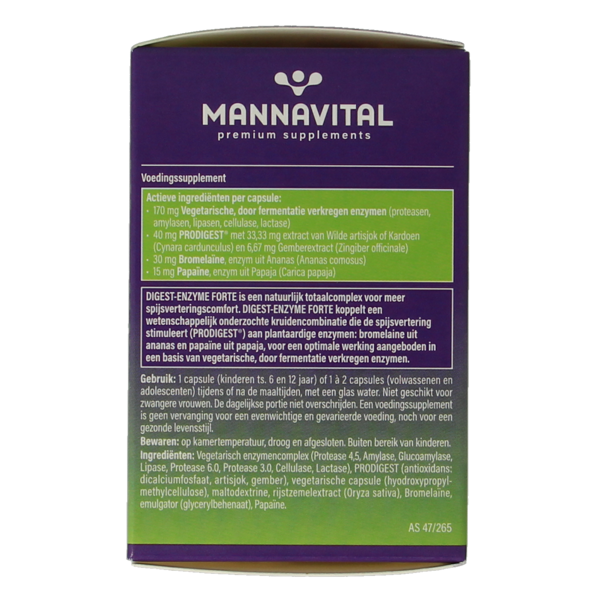 Mannavital Digest Enzyme Forte vegetarian capsules, dietary supplement with fibers and enzymes in a transparent bottle.