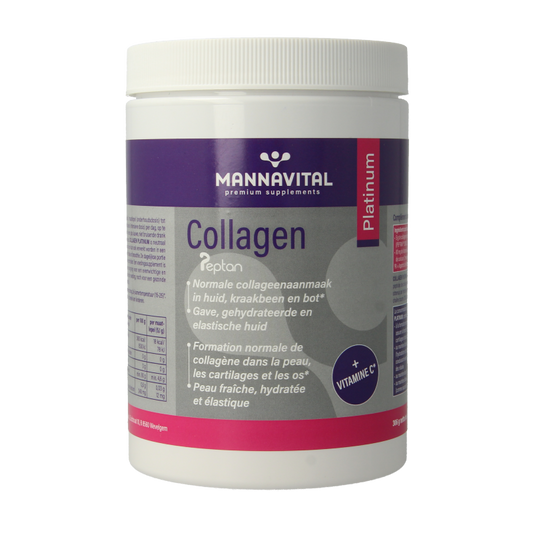 Mannavital Collagen Platinum supplement in 305g jar, featuring herbal ingredients, displayed in a clear container.