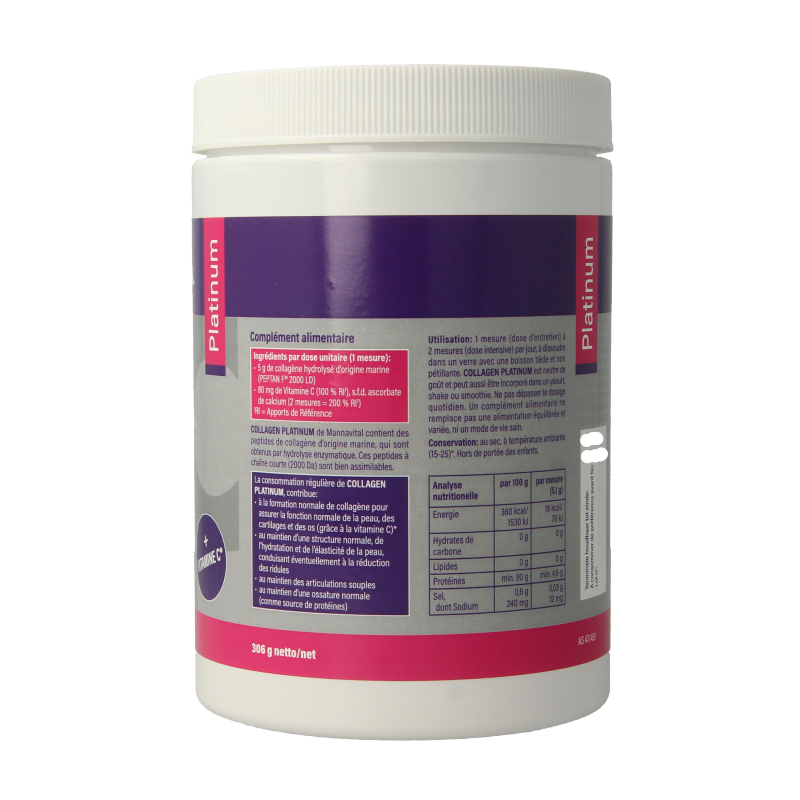 Mannavital Collagen Platinum supplement in a 305g container, featuring herbal ingredients for skin and joint health.