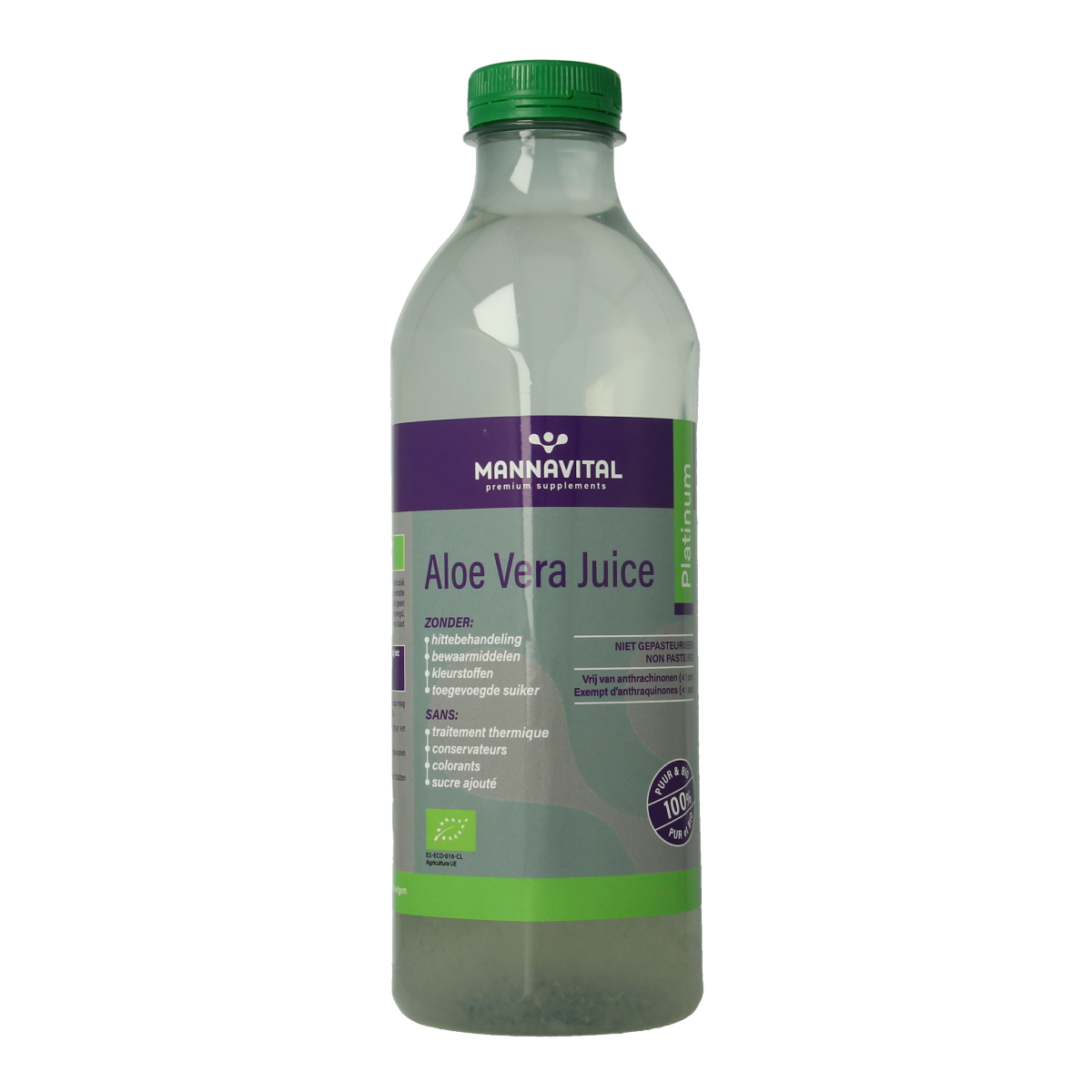 Mannavital bio Aloe Vera juice in a 1-liter bottle, natural health drink with fresh aloe vera extract.