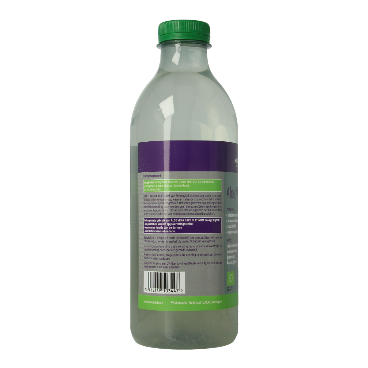 Mannavital bio Aloe Vera juice in a 1-liter bottle, natural health drink from the Dranken en Sappen category