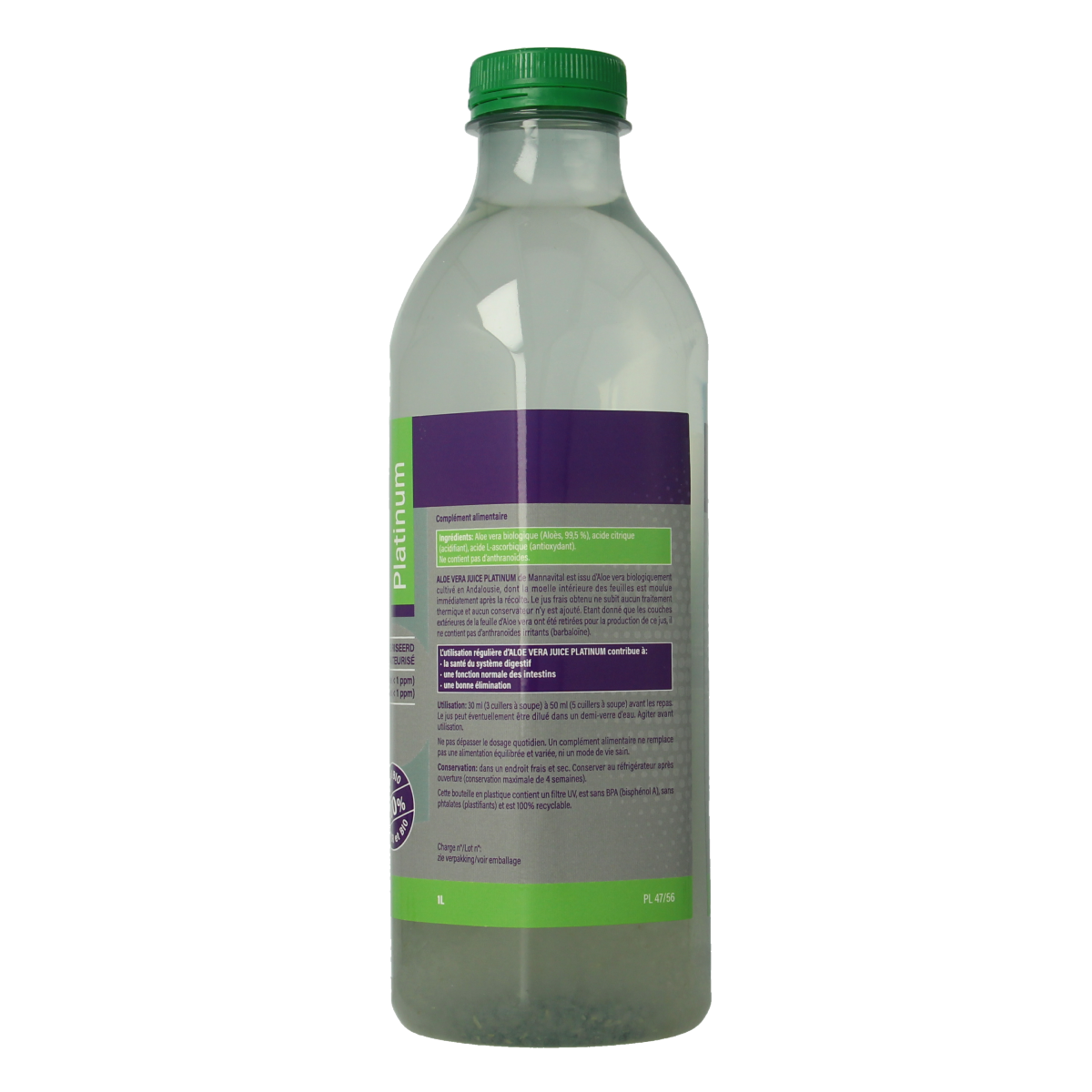 Mannavital Aloe Vera Juice Bio in a 1-liter bottle, natural health drink from Mannavital, with fresh aloe vera liquid visible.