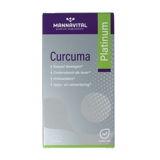 Mannavital Curcuma Platinum vegetarian capsules, herbal supplement in a bottle, with turmeric root illustration on label.