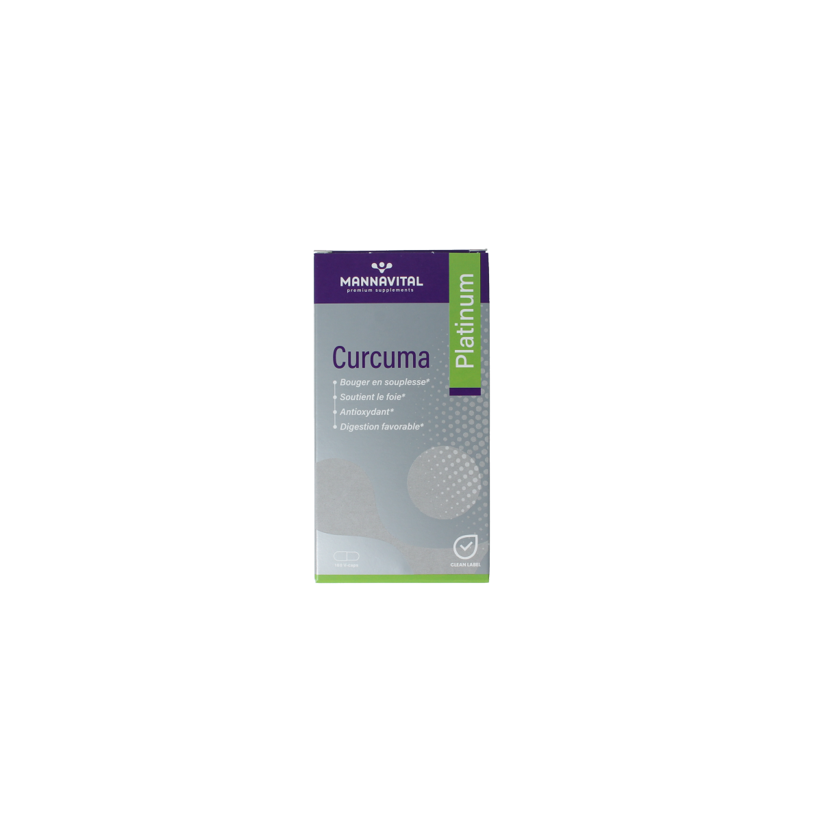 Mannavital Curcuma Platinum vegetarian capsules, herbal supplement in a clear bottle, showing the capsules and label.