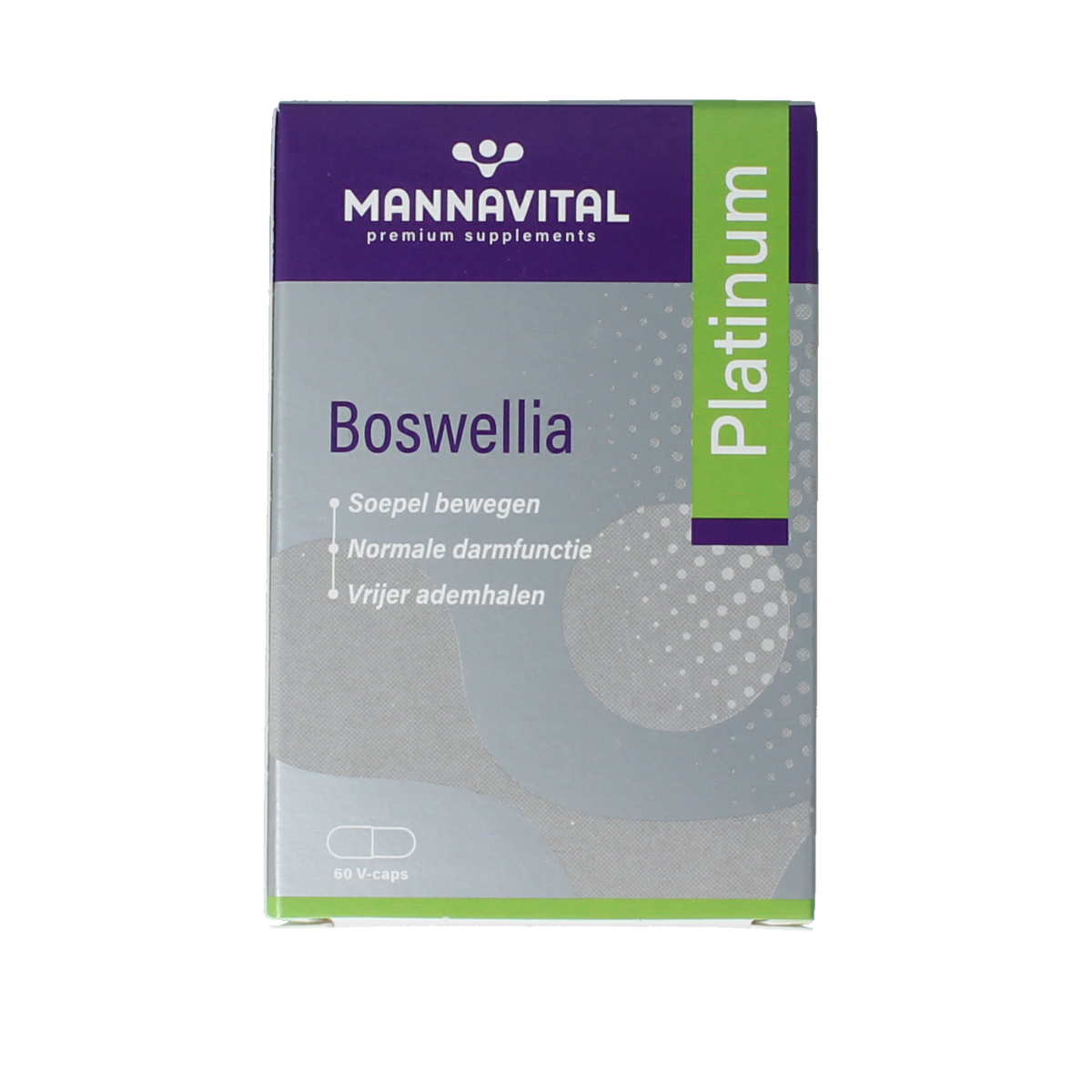 Mannavital Boswellia Platinum vegetarian capsules in a bottle, herbal supplement for joint support and inflammation relief.