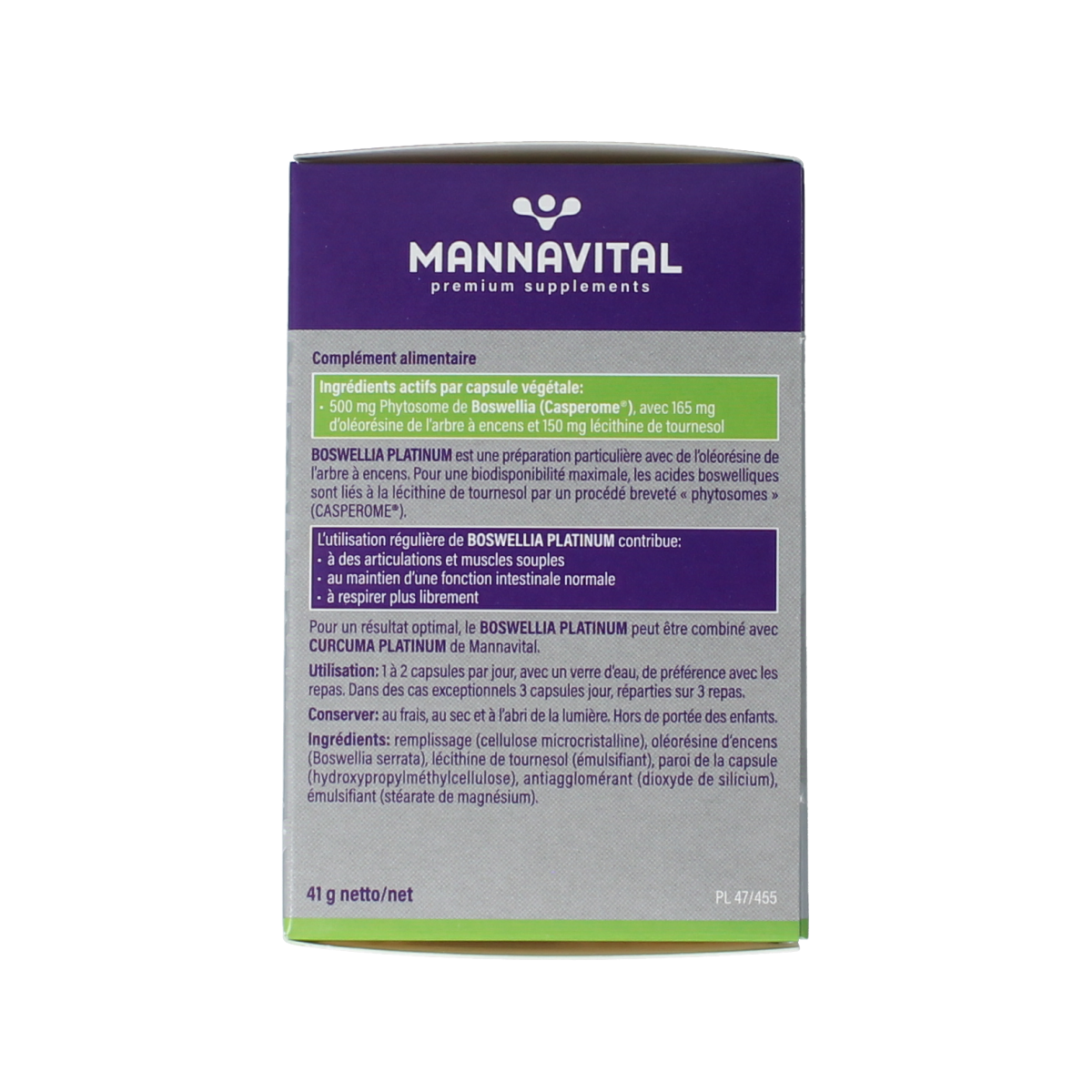 Mannavital Boswellia Platinum vegetarian capsules, herbal supplement in a blister pack, with green and white packaging.