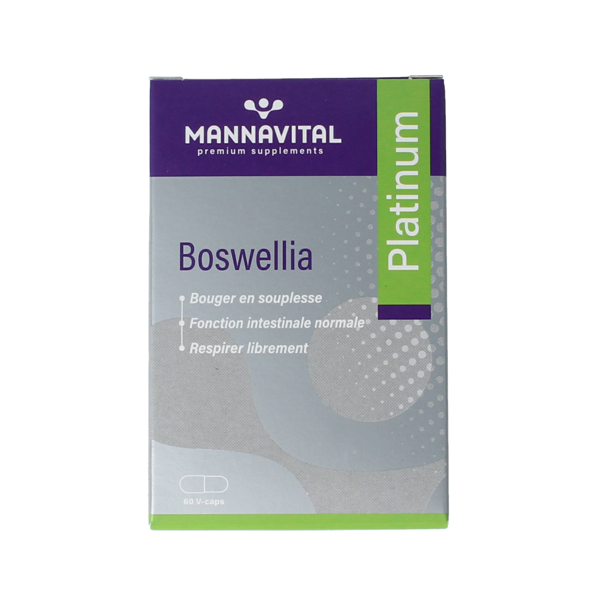 Mannavital Boswellia Platinum vegetarian capsules, herbal supplement in a white bottle with label, designed for joint support.