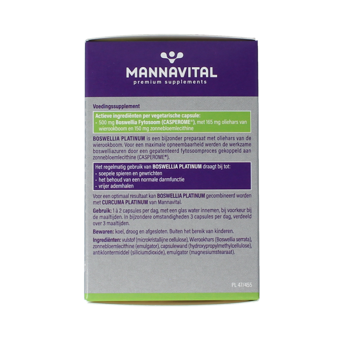Mannavital Boswellia Platinum vegetarian capsules, herbal supplement in a white bottle with label, designed for natural health.