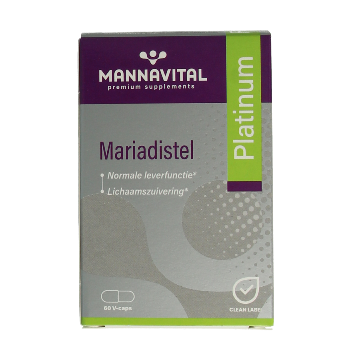 Mannavital Mariadistel Platinum vegetarian capsules, herbal supplement in a clear bottle with white cap.