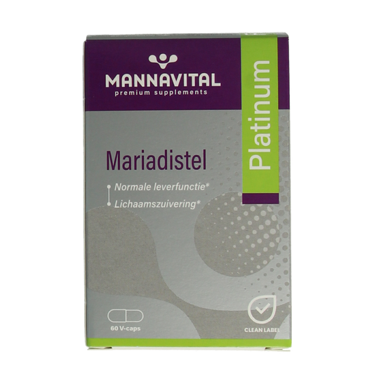 Mannavital Mariadistel Platinum vegetarian capsules, herbal supplement in a clear bottle with white cap.
