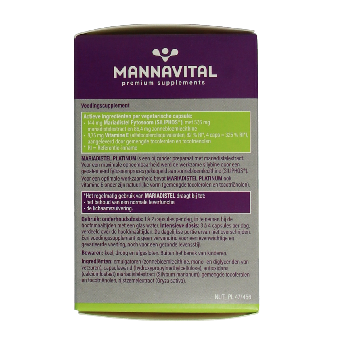 Mannavital Mariadistel Platinum vegetarian herbal capsules in a blister pack, used for liver health and detox.