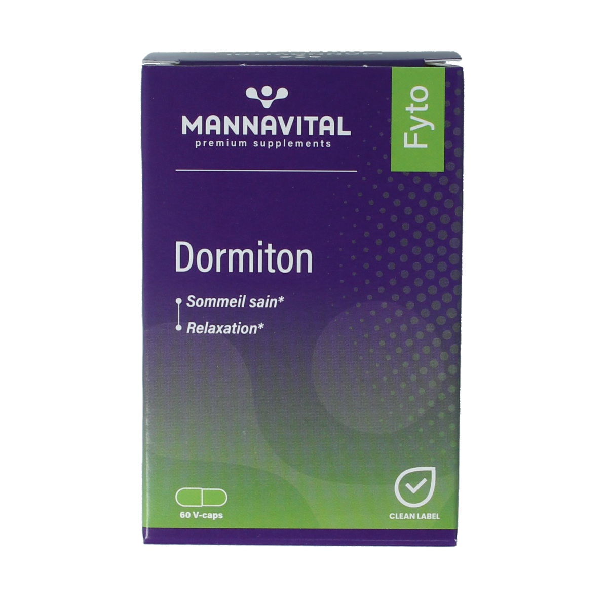 Mannavital Dormiton 60 vegetarian herbal capsules in a clear container, designed for dietary supplement use.