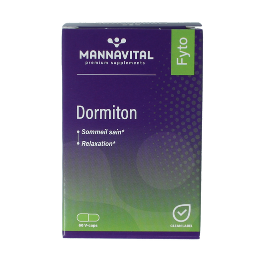 Mannavital Dormiton 60 vegetarian herbal capsules in a clear container, designed for dietary supplement use.
