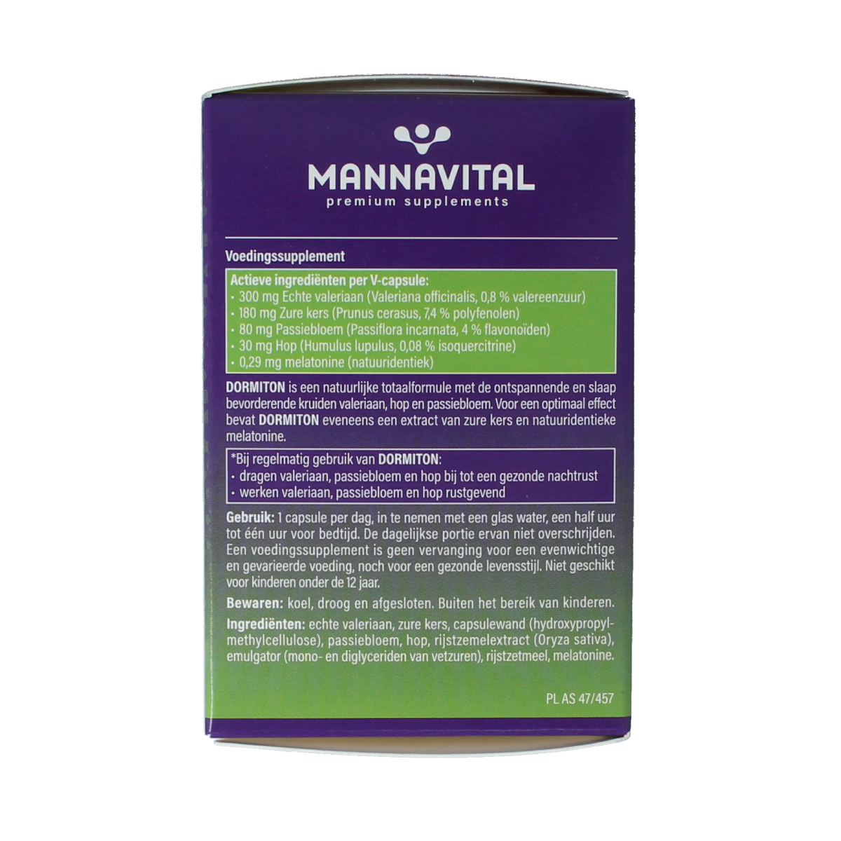 Mannavital Dormiton vegetarian herbal capsules in a clear bottle, showing the supplement's label and capsules inside.