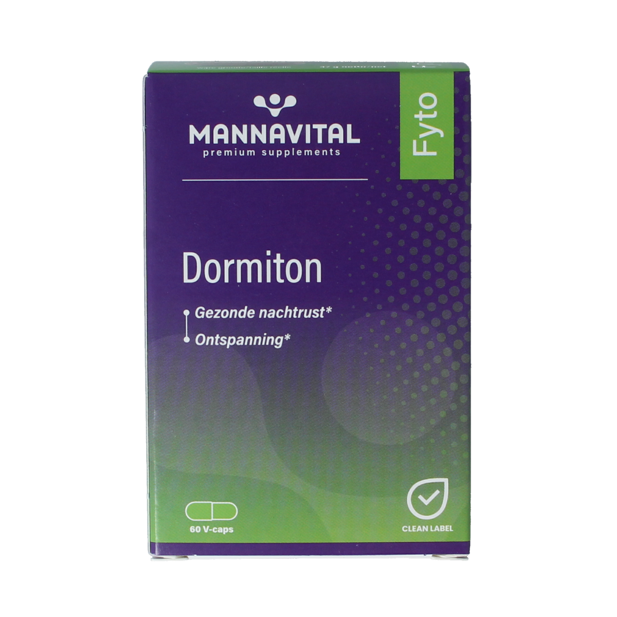 Mannavital Dormiton vegetarian herbal capsules in a bottle, dietary supplement for relaxation and sleep support.