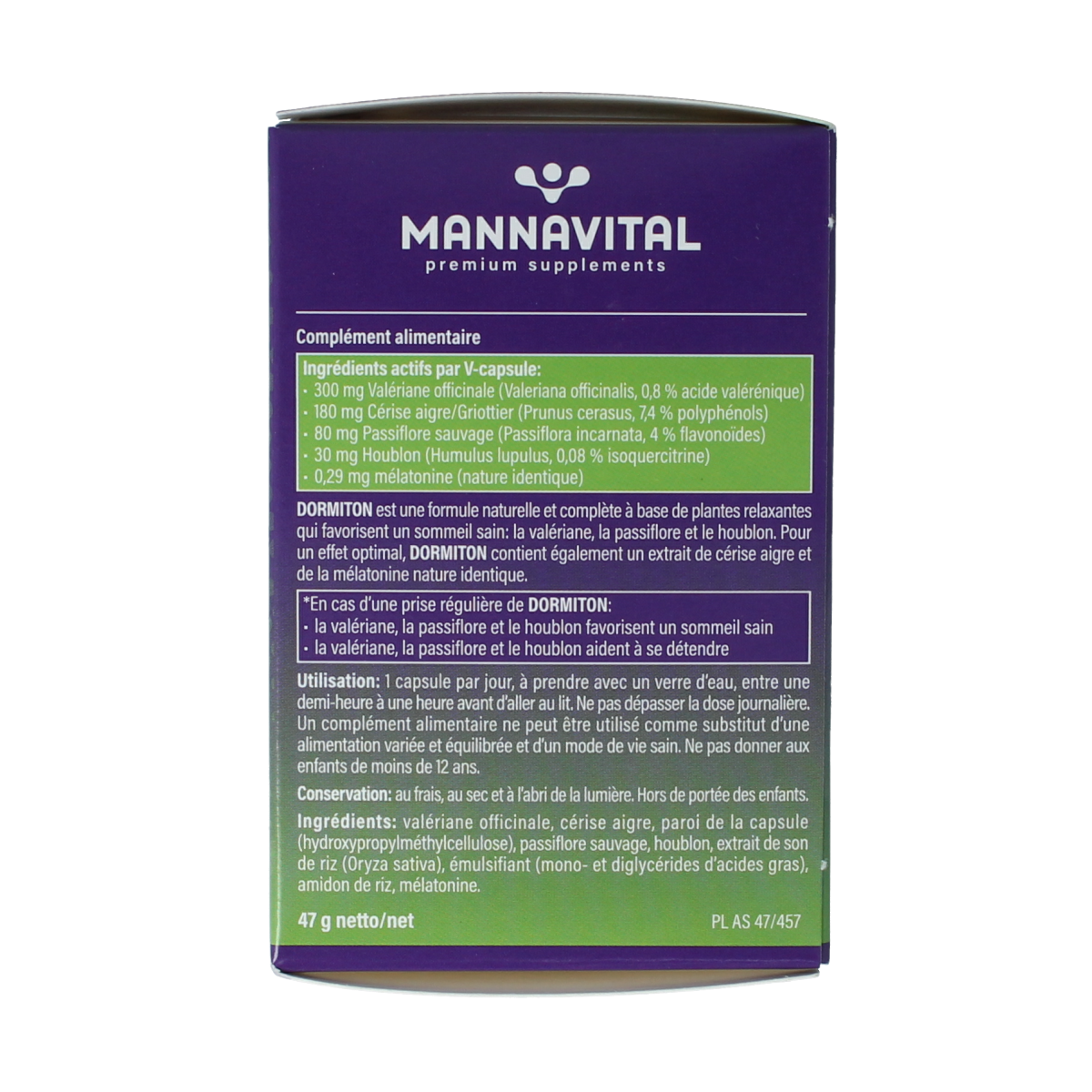 Mannavital Dormiton vegetarian herbal capsules in a blister pack, dietary supplement for relaxation and sleep support.