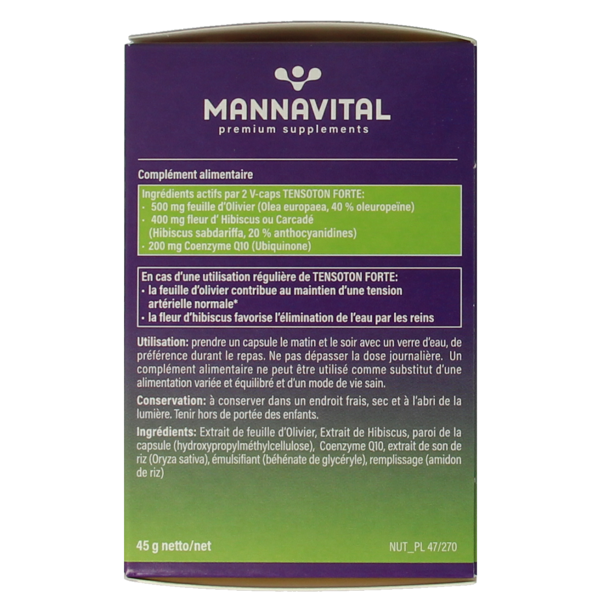Mannavital Tensoton Forte vegetarian herbal capsules in a blister pack, dietary supplement for health support.