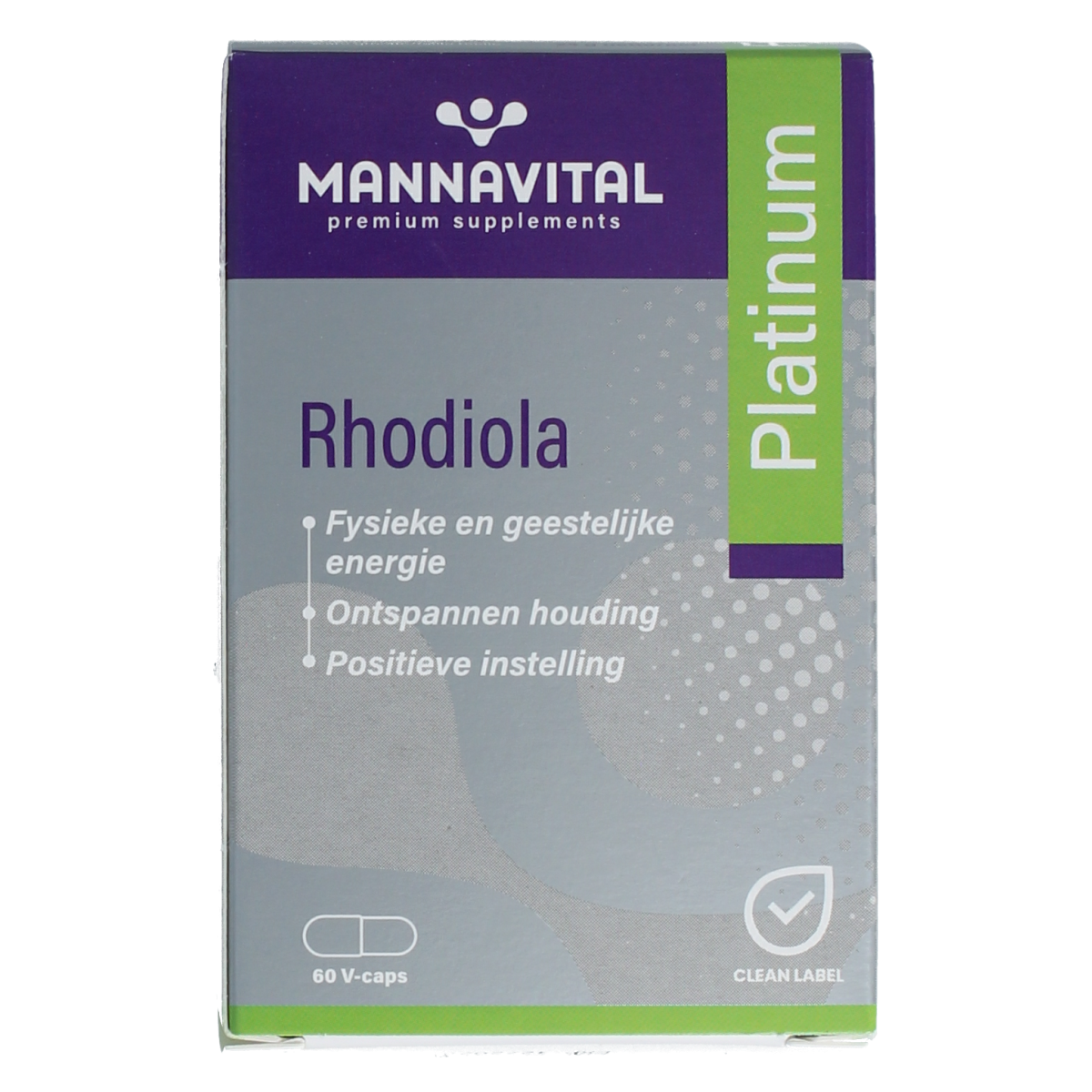 Mannavital Rhodiola Platinum vegetarian capsules in a bottle, dietary herbal supplement for energy and stress support.