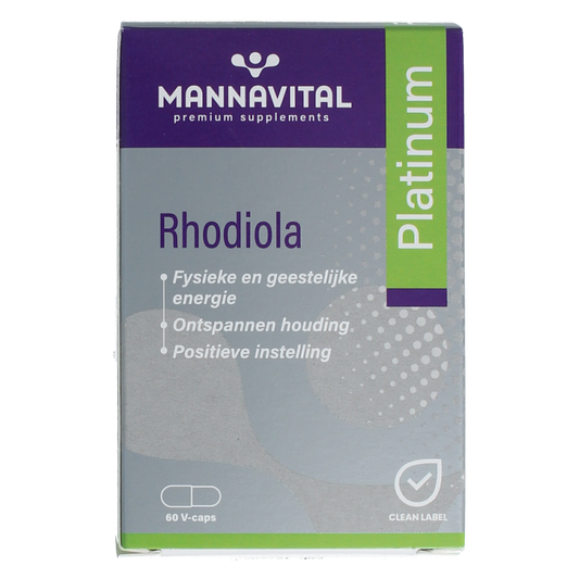 Mannavital Rhodiola Platinum vegetarian capsules in a bottle, dietary herbal supplement for energy and stress support.