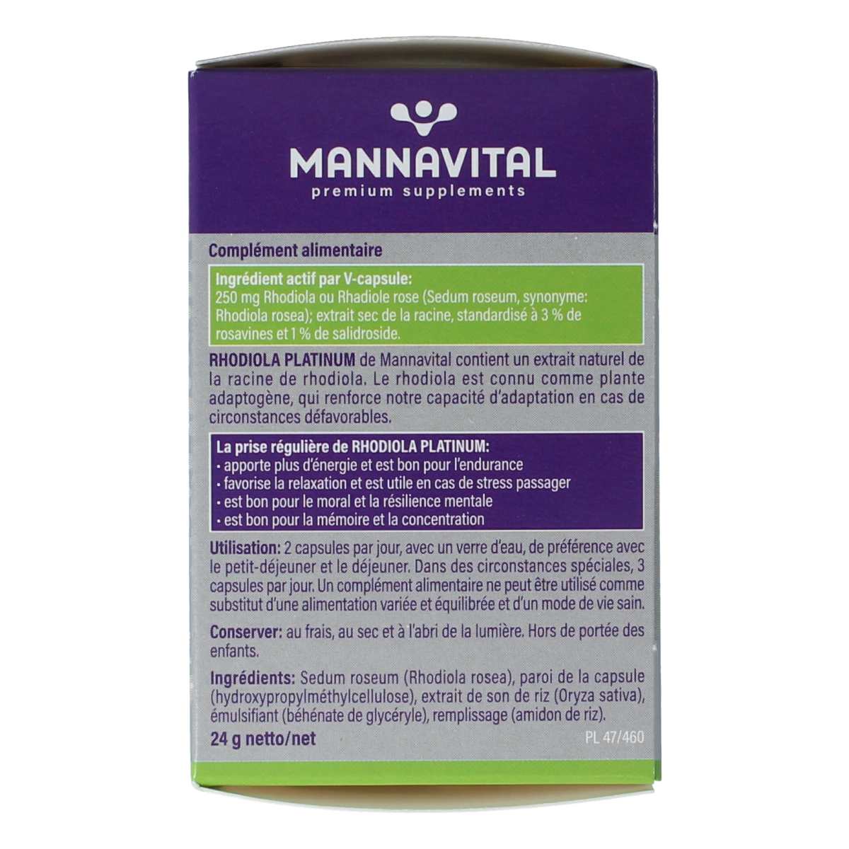 Mannavital Rhodiola Platinum vegetarian capsules, herbal supplement in a white bottle with blue label, displayed on a neutral background.