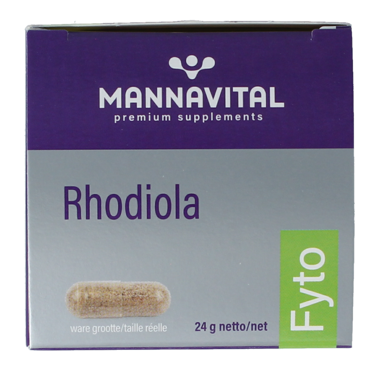 Mannavital Rhodiola Platinum vegetarian capsules, herbal supplement in a white bottle with green label, designed for natural vitality.