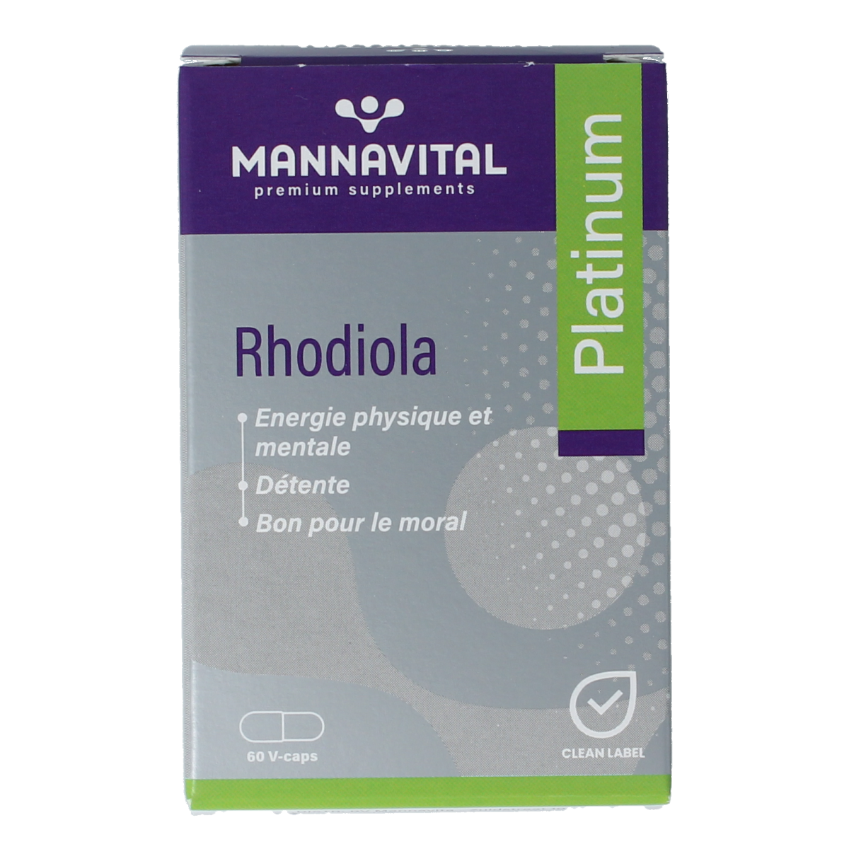 Mannavital Rhodiola Platinum herbal capsules in a bottle, vegetarian supplement for energy and stress support.