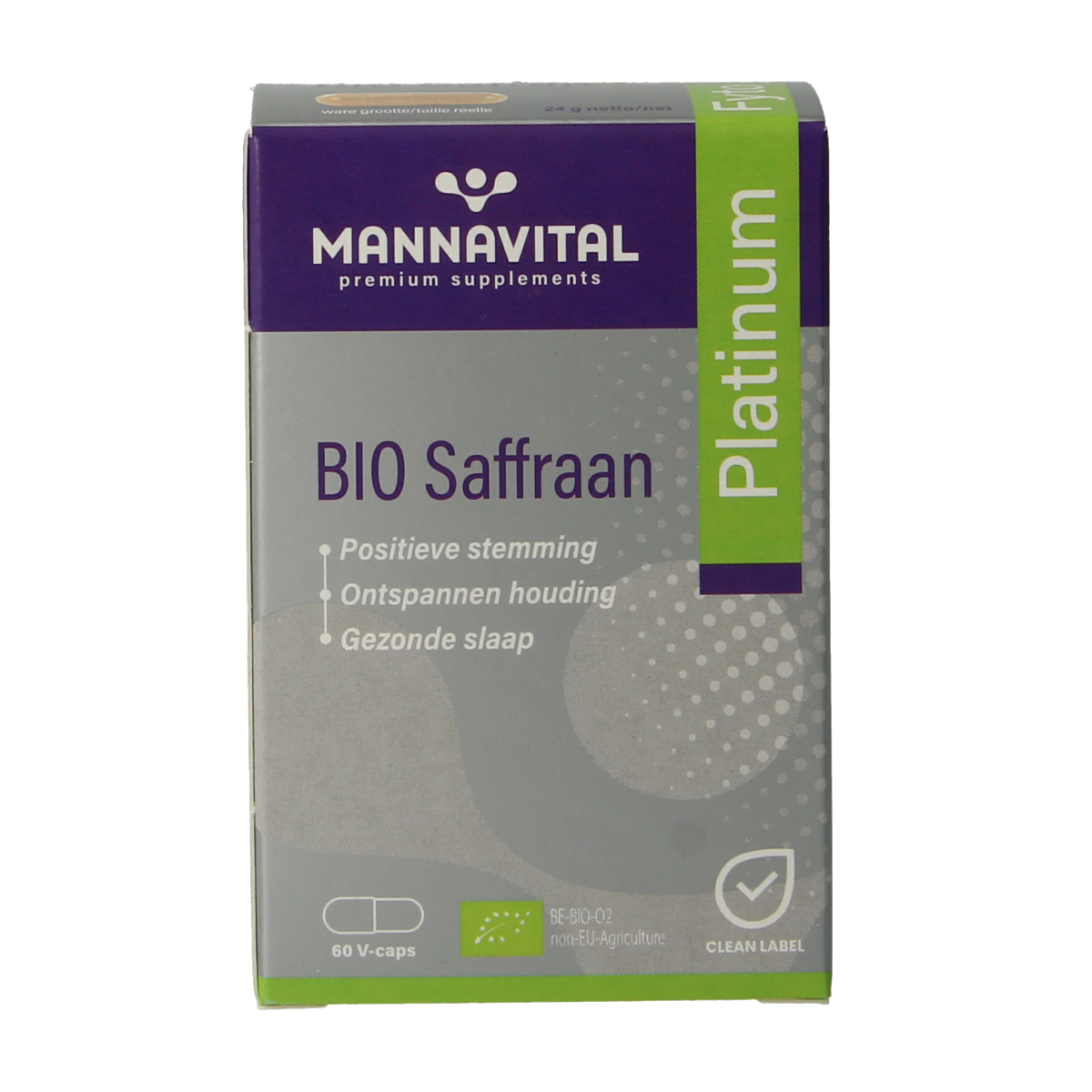 Mannavital Saffraan Platinum Bio vegetarian capsules, herbal supplement with saffron, shown in clear container on white background.