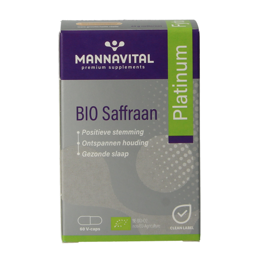 Mannavital Saffraan Platinum Bio vegetarian capsules, herbal supplement with saffron, shown in clear container on white background.