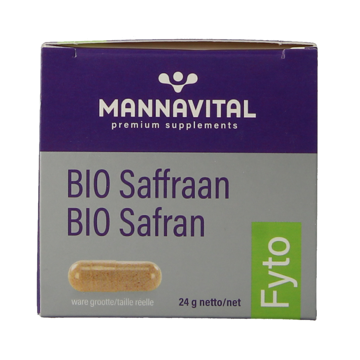 Mannavital Saffraan Platinum bio vegetarian capsules in a clear container, showcasing saffron supplement packaging.