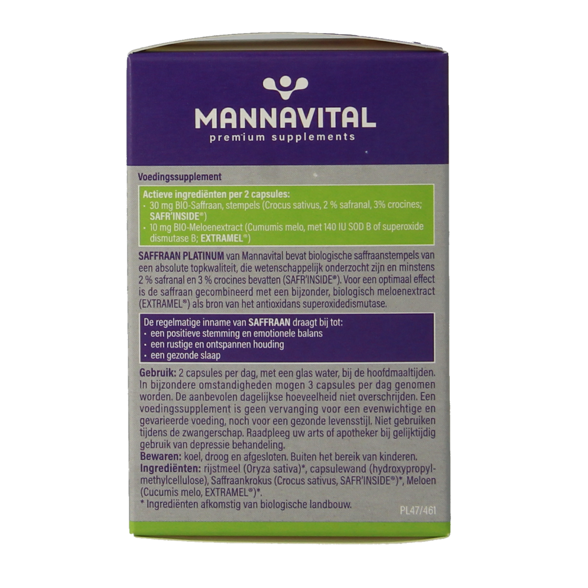 Mannavital Saffraan Platinum Bio vegetarian capsules in a clear bottle, showcasing the herbal supplement packaging.