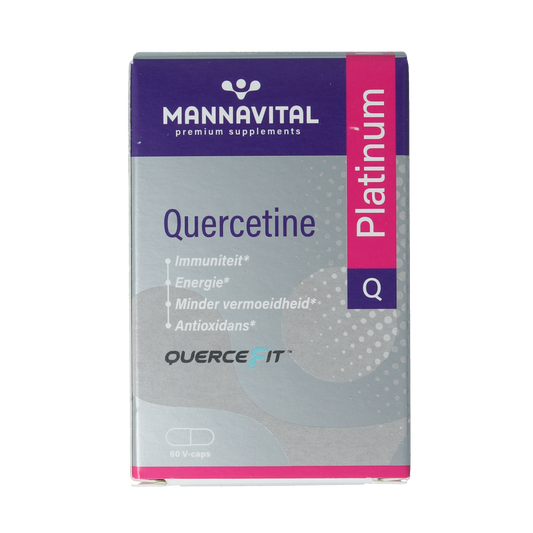 Mannavital Quercetine Platinum vegetarian capsules, herbal supplement in a blister pack, featuring green and white capsules.