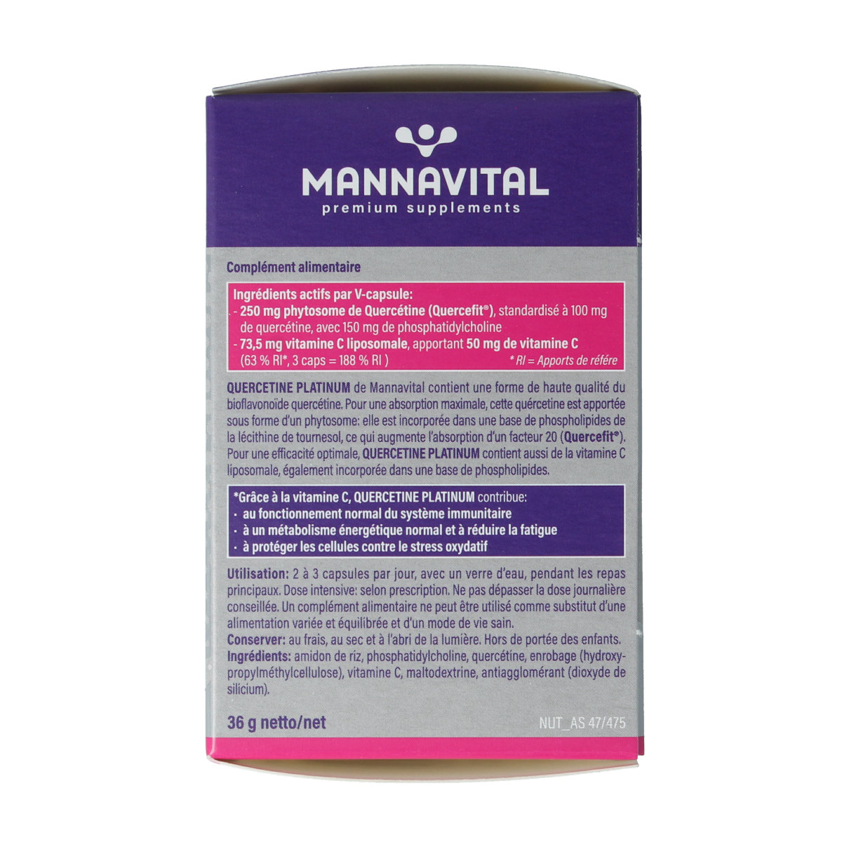 Mannavital Quercetine Platinum vegetarian capsules in a bottle, herbal supplement for immune support and antioxidant benefits.