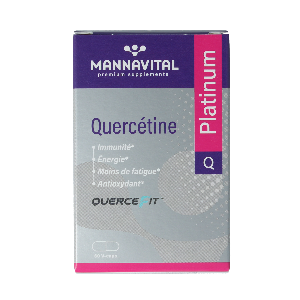 Mannavital Quercetine Platinum vegetarian capsules, herbal supplement, shown in a clear container with green and white label.