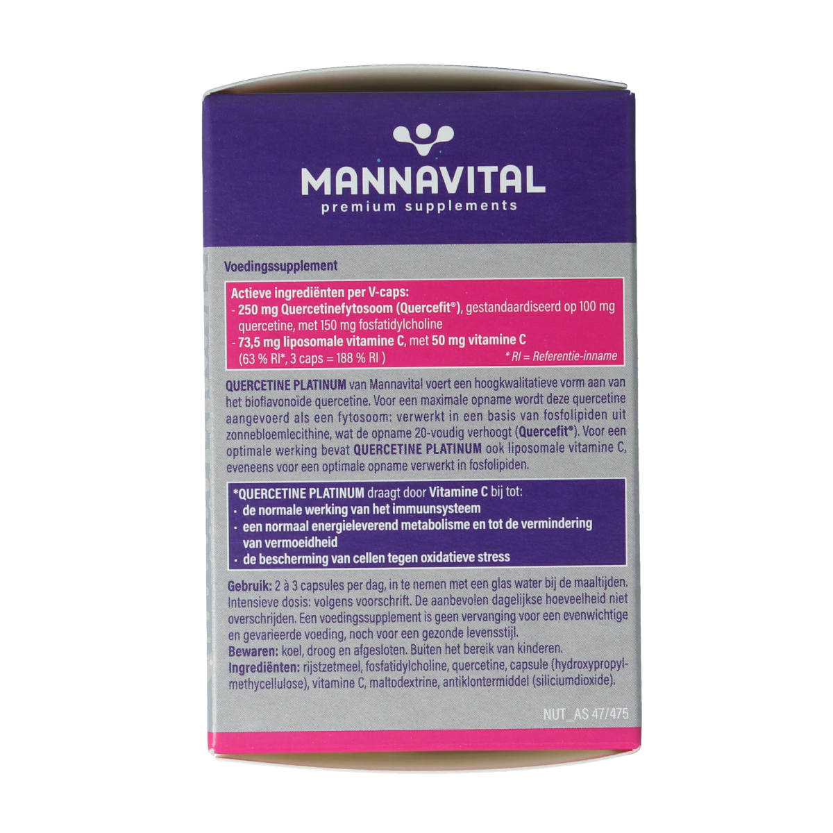 Mannavital Quercetine Platinum vegetarian capsules in a jar, herbal supplement for immune support and antioxidant benefits.