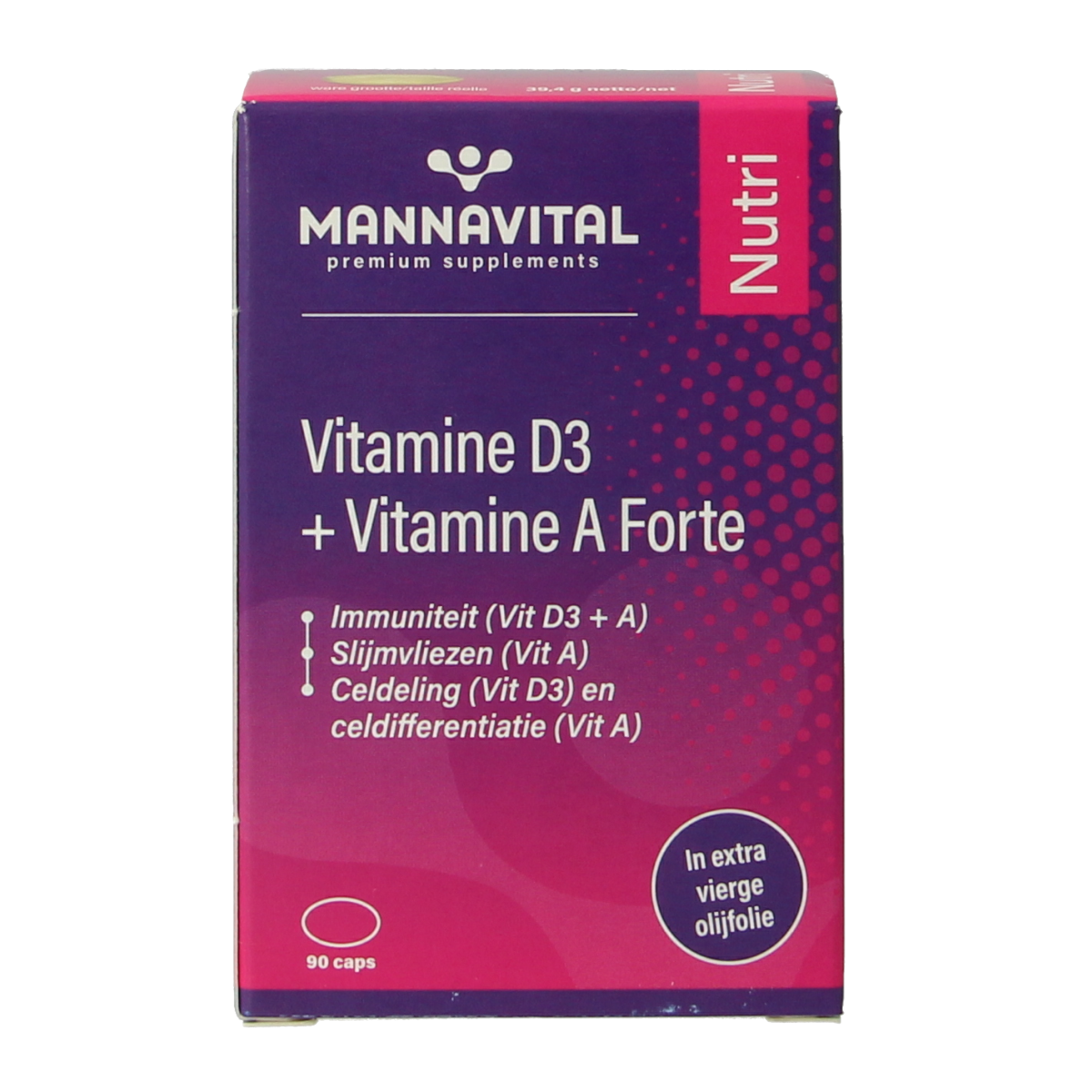 Mannavital Vitamin D3 and Vitamin A Forte multi capsules, 90-count, with colorful capsule images on a white background.